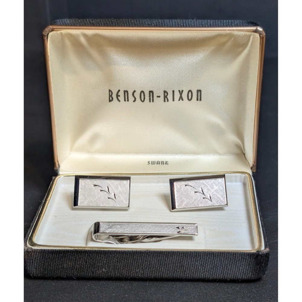 Vintage Swank Mid Century Modern Silver Tone Cufflinks Tie Bar Set Benson Rixon